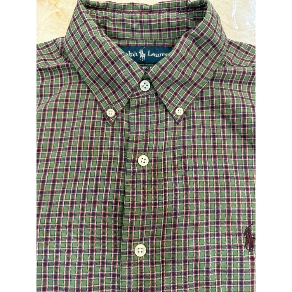 Ralph Lauren Classic Fit Burgundy Green Plaid Button Down Size Medium - Picture 2 of 6
